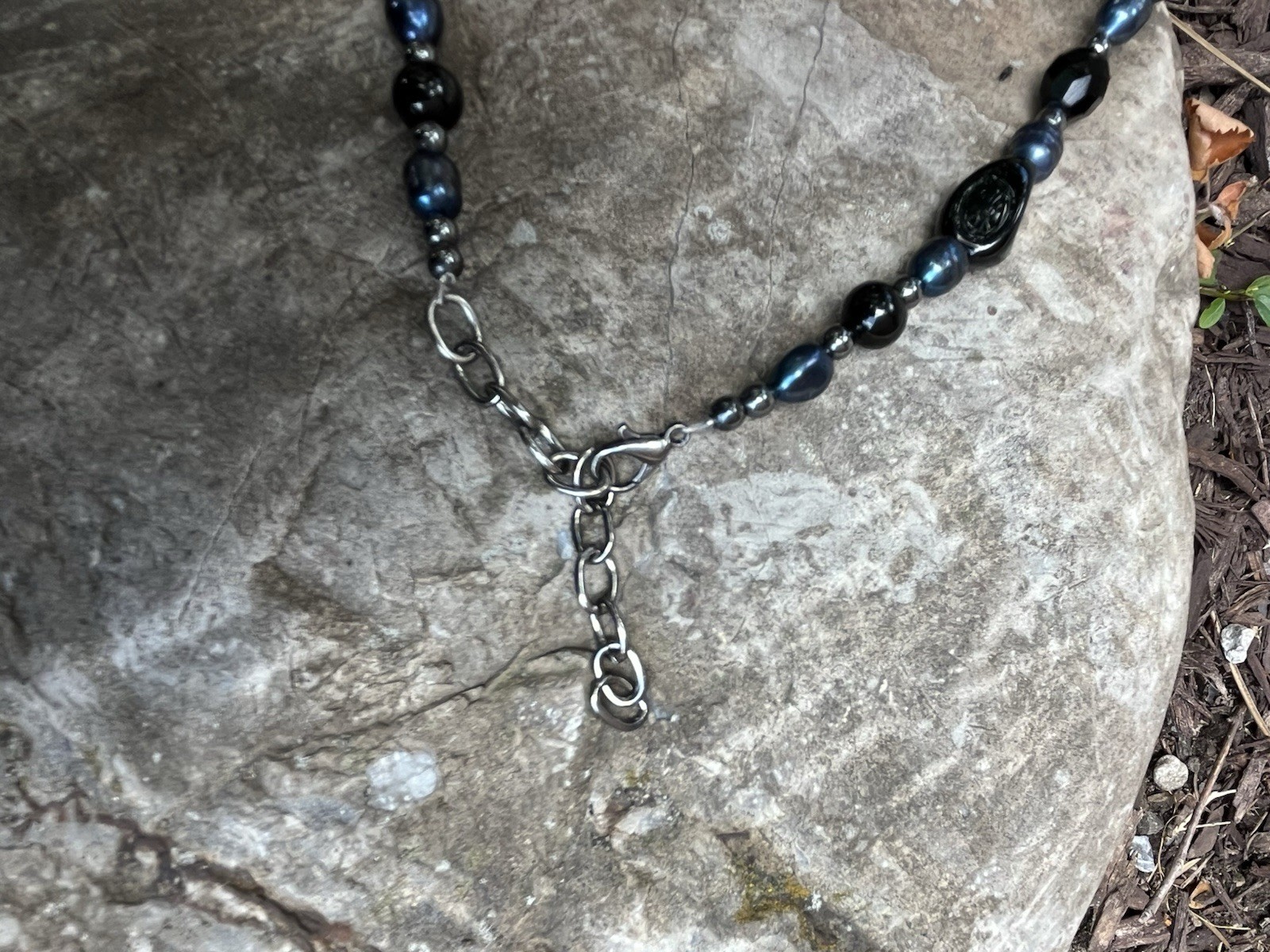 Black Agate 925 Pendant with Black Pearl, Agate & Hematite Accents ~ Handcrafted