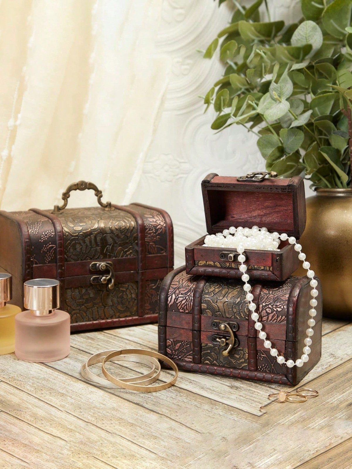 New 3Pc Vintage Wooden Treasure Chest Box Jewelry Storage Retro Antique Charming