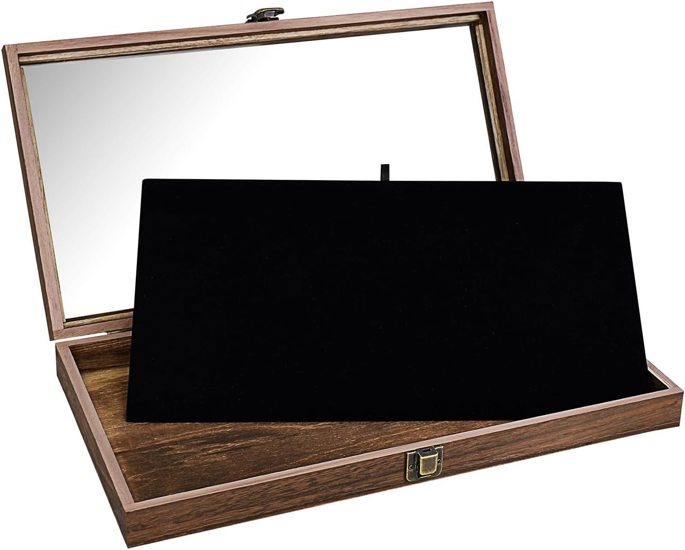 Elegant Antique Wood Jewelry Display Case with Tempered Glass Top & Velvet Pad