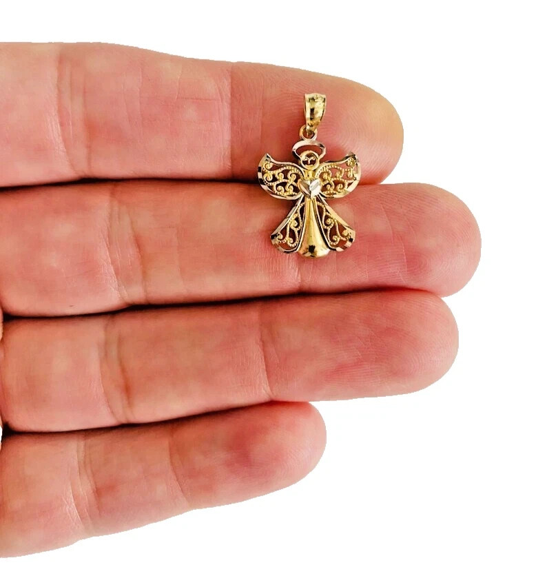 Small Tiny 14k Solid 2 Tone Gold Angel Pendant Charm Men Women Boys Girls