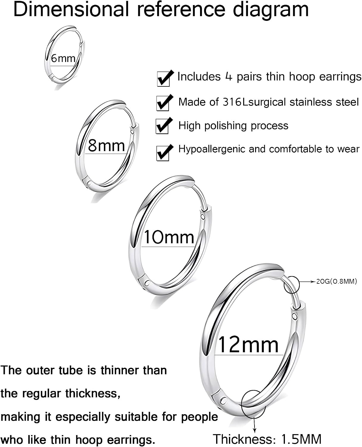 316L Surgical Stainless Steel Huggie Hoop Earrings 6Mm 8Mm 10Mm 11Mm 12Mm 14Mm H