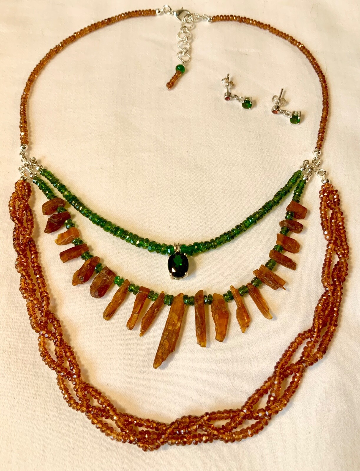 SS .925 SPESSARTINE KYANITE CHROME DIOPSIDE 3 STRAND NECKLACE EARRINGS