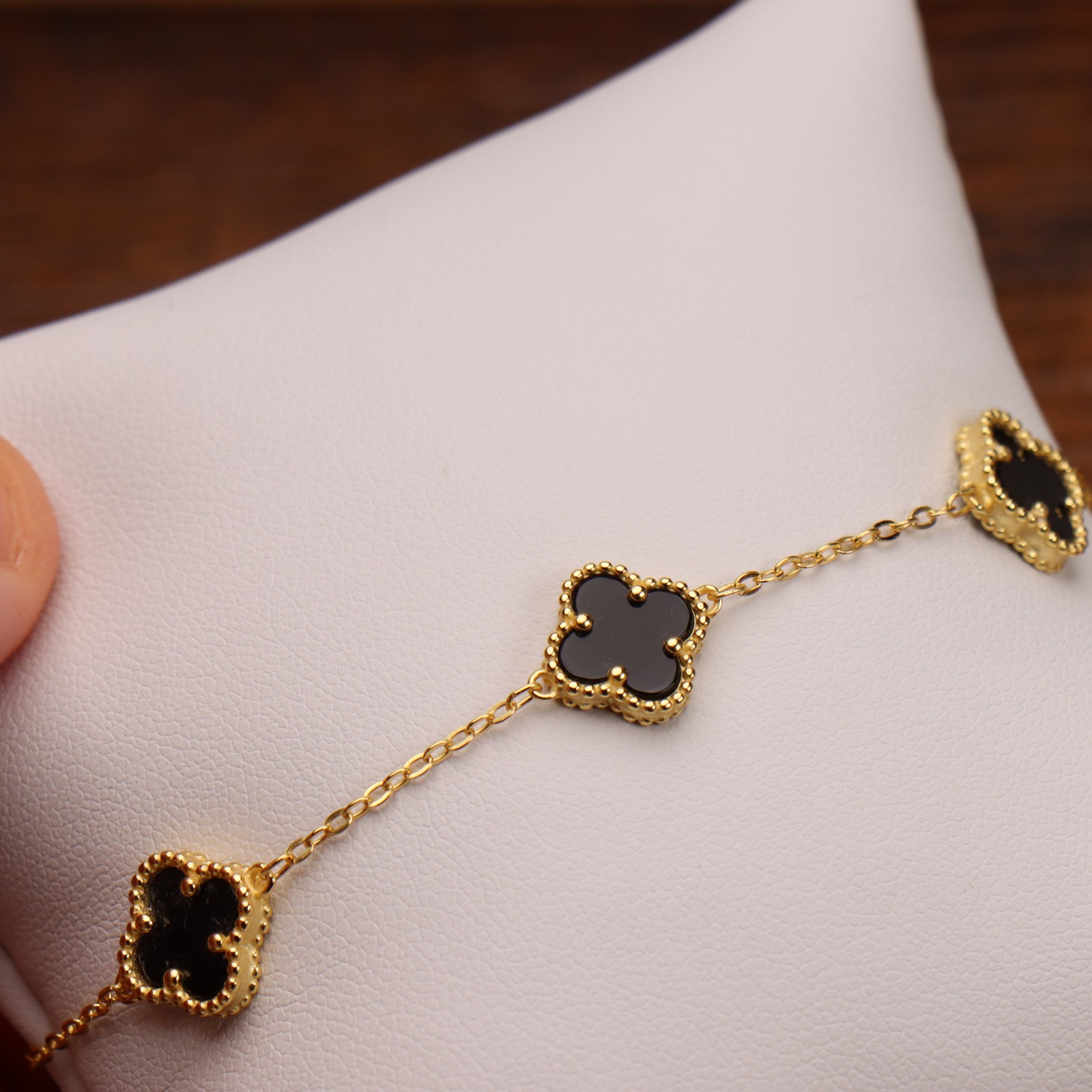 Black Onyx Clover Bracelet 14K Gold Over 925 Sterling Silver 7-8″ inch