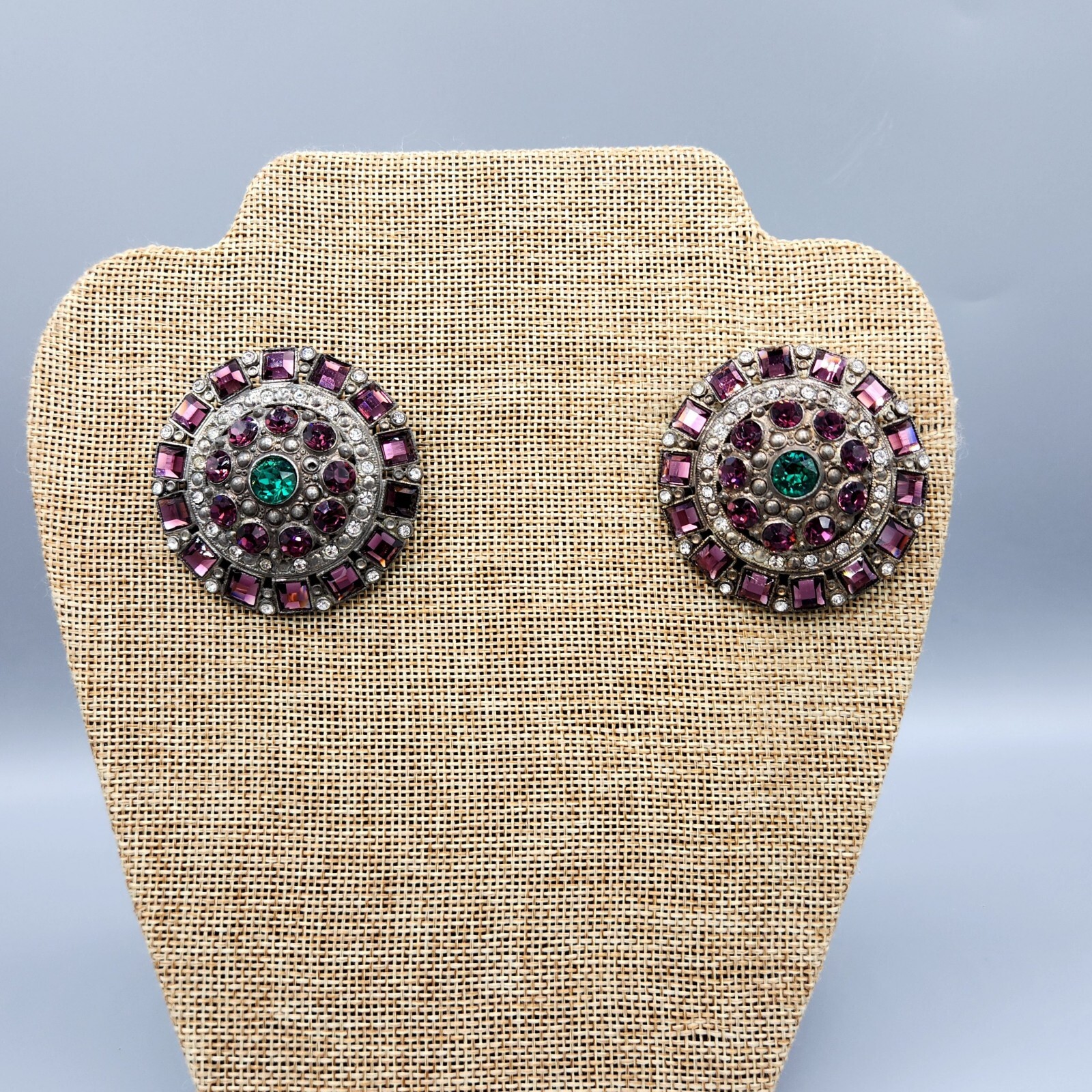 1930s Pair Purple Green Rhinestone Pot Metal Large Round Brooches Coat Pins