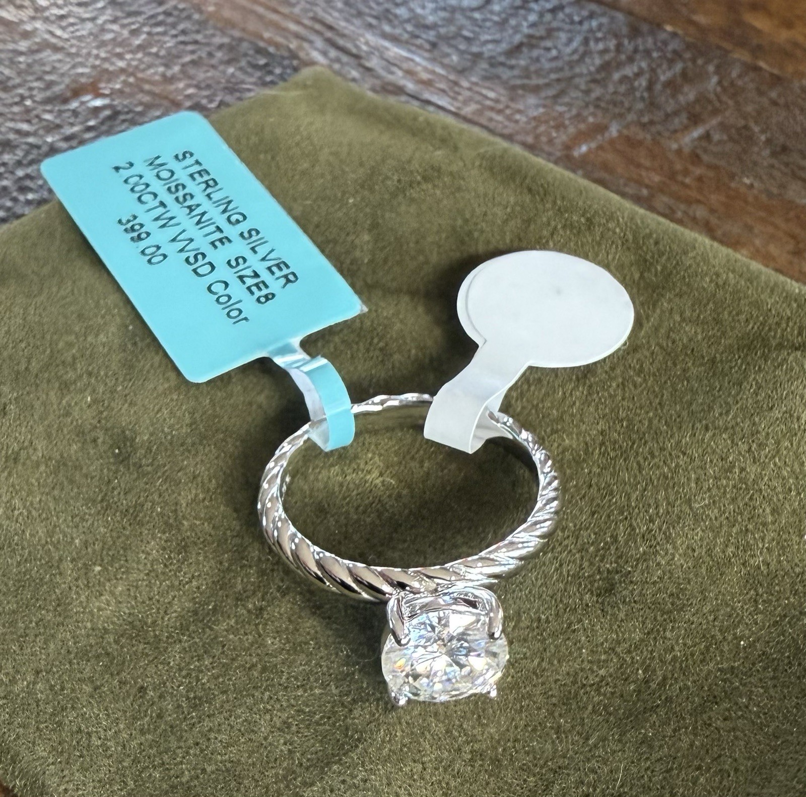 Engagement Wedding SIZE 8 Moissanite Ring 925 Sterling Silver $399 Retail Rope