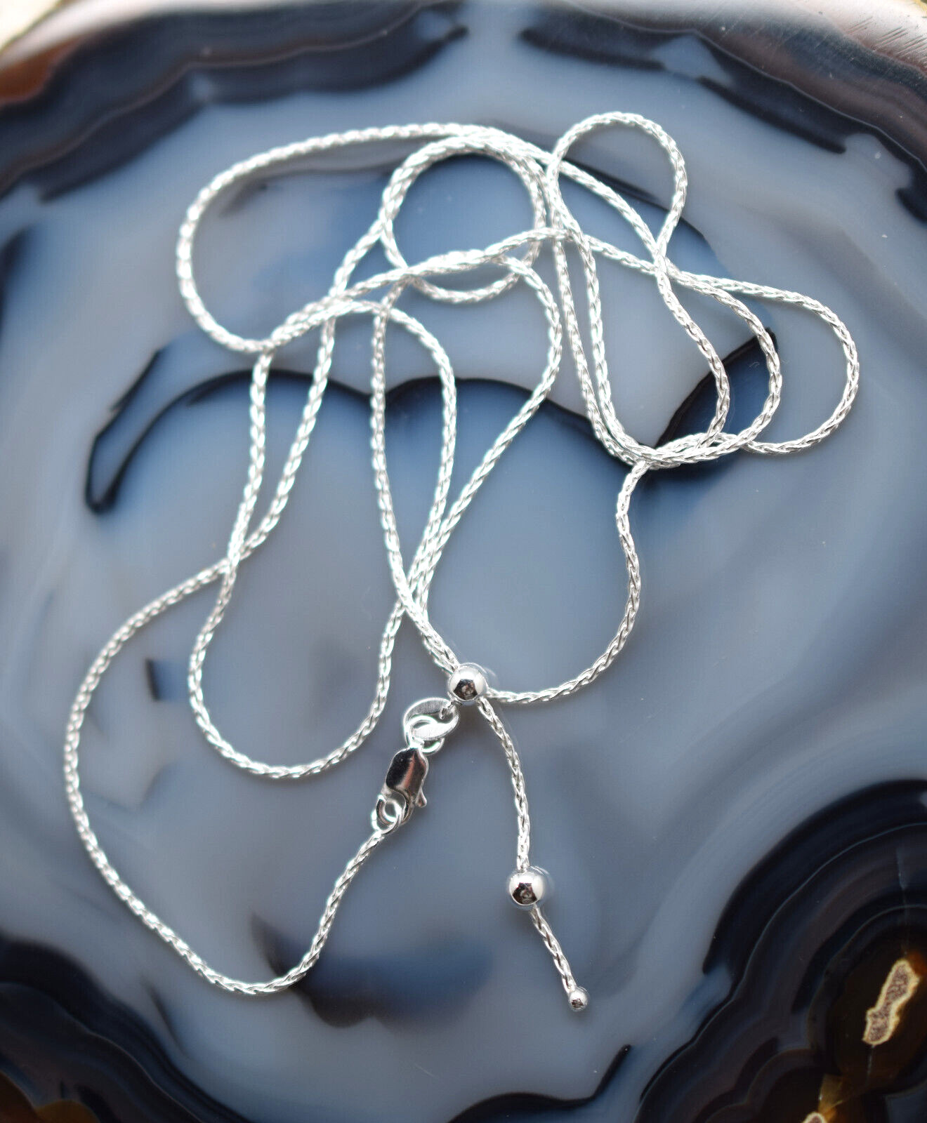 Adjustable 1mm Wheat Chain Necklace 925 Sterling Silver 16″ to 30″ Ball Slide