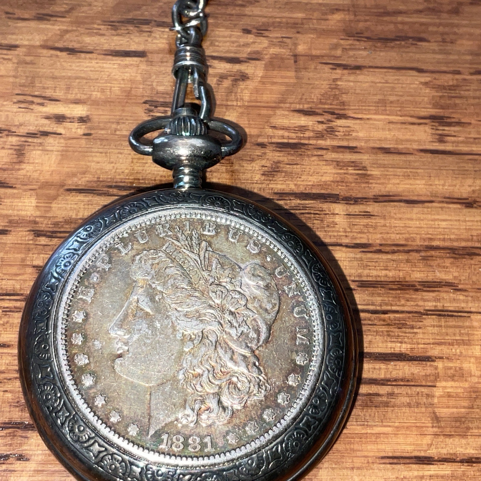 American Historic Society Mechanical Wind Morgan 1881 Dollar Pocket Watch