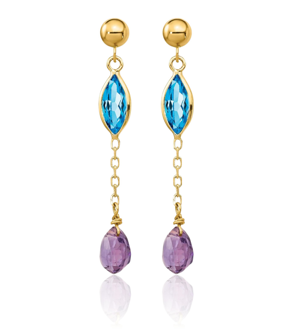 14K Solid Yellow Gold Purple Blue Topaz Amethyst Medium Dangle Earrings 35mm