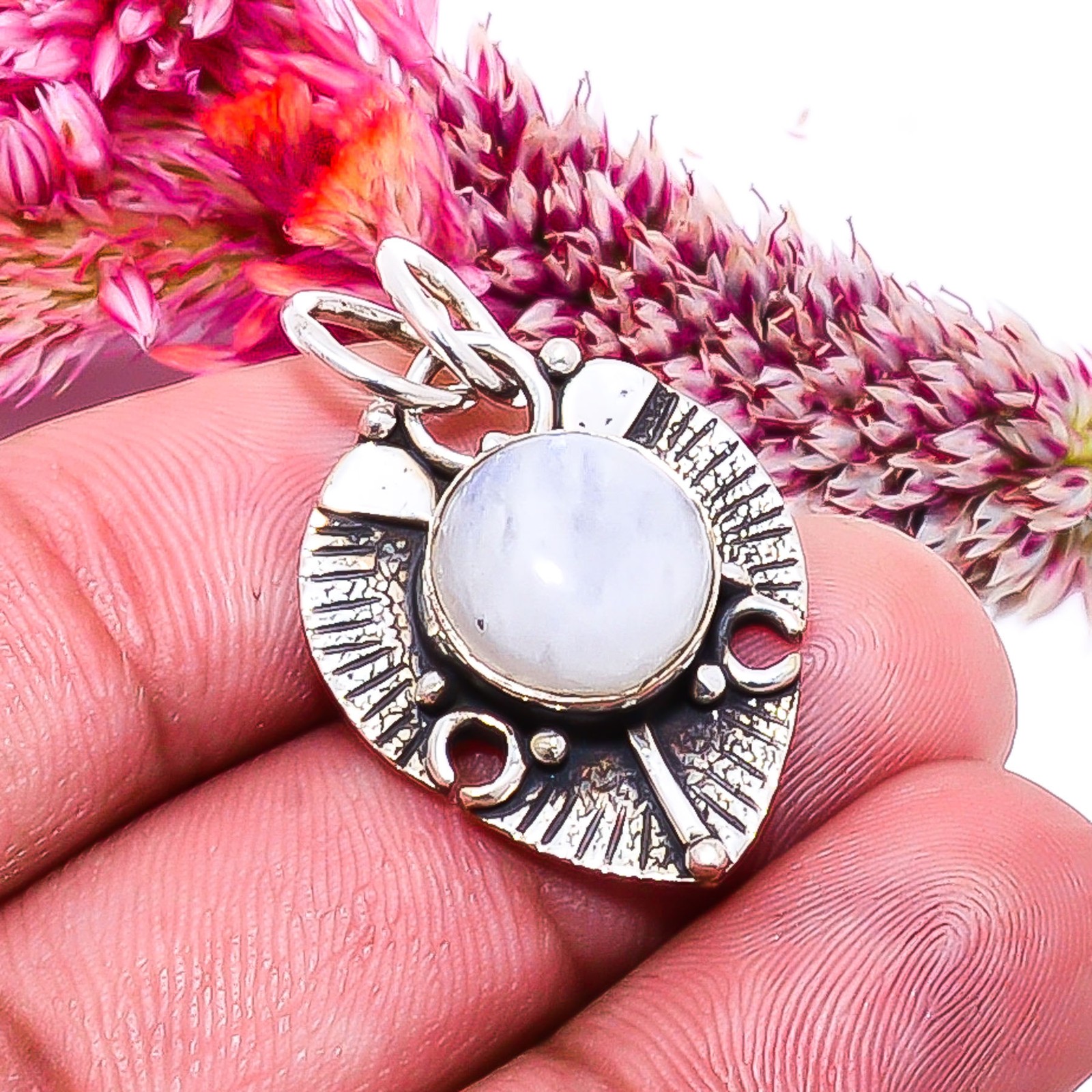 Rainbow Moonstone – India Handmade 925 Sterling Silver Pendant 1.05″ P15