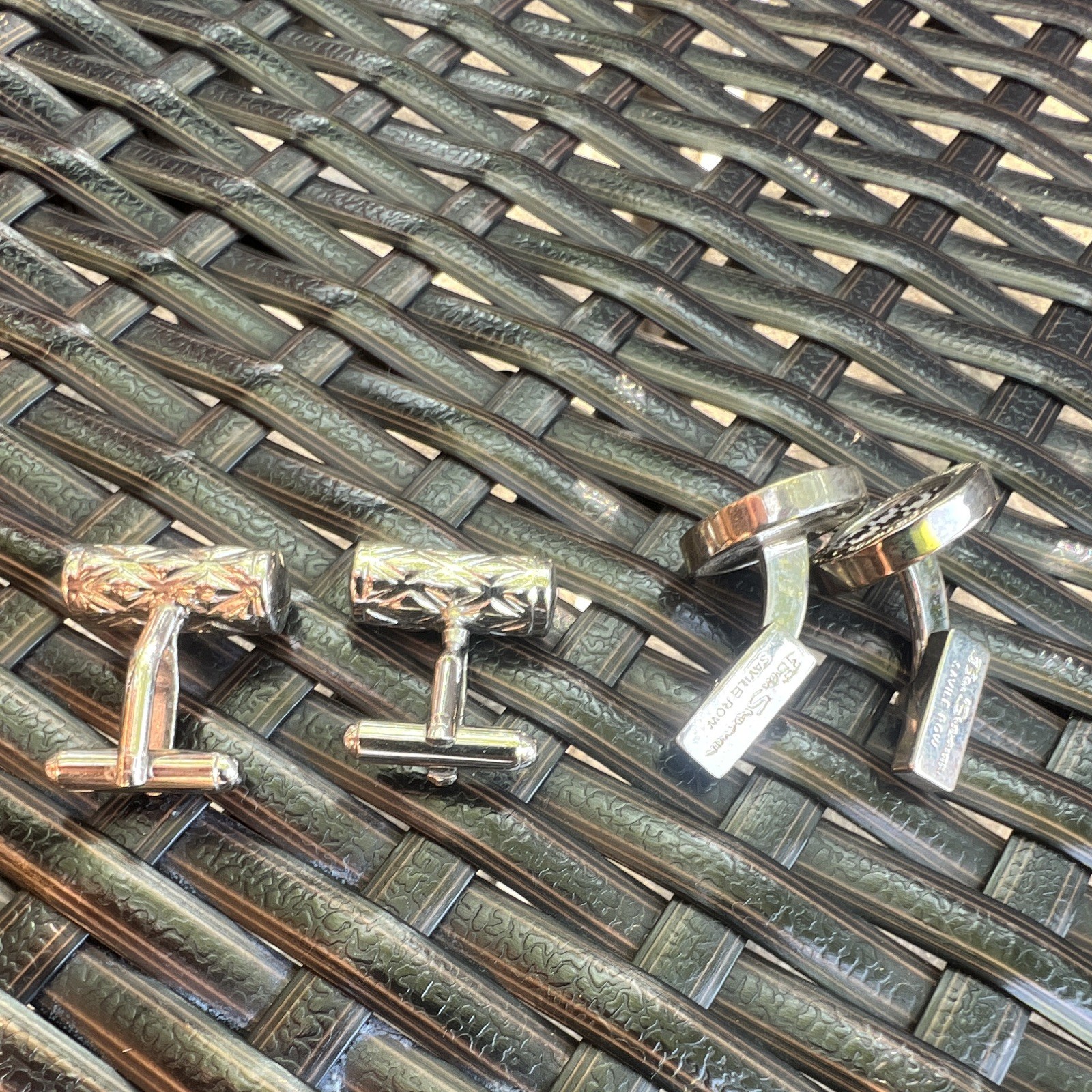 Men’s Silver Bullet Back Cufflinks Set, Round Logo & Bar Signed