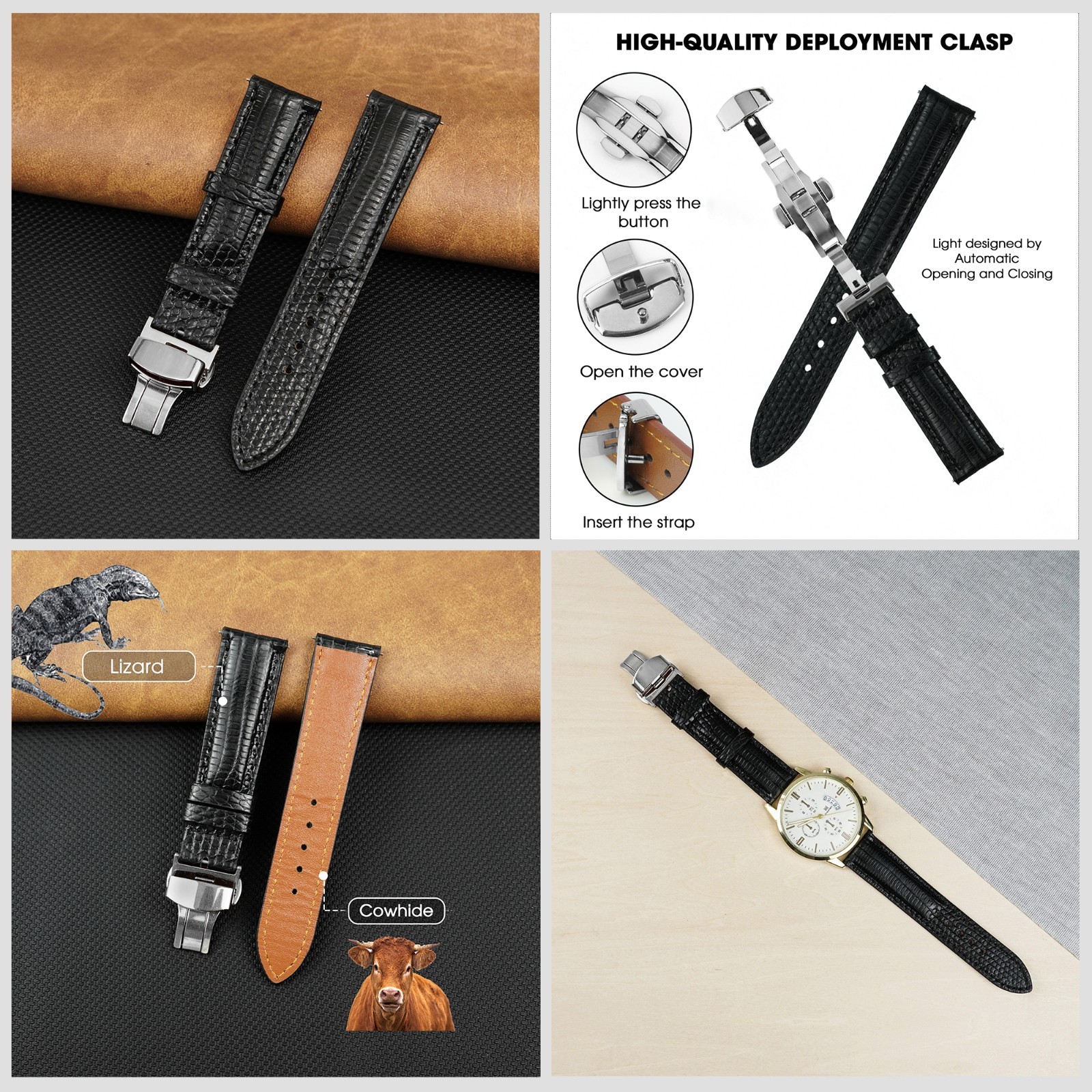 Real Lizard Leather Watch Strap Deployment Buckle Men Genuine Lizard Watch Band