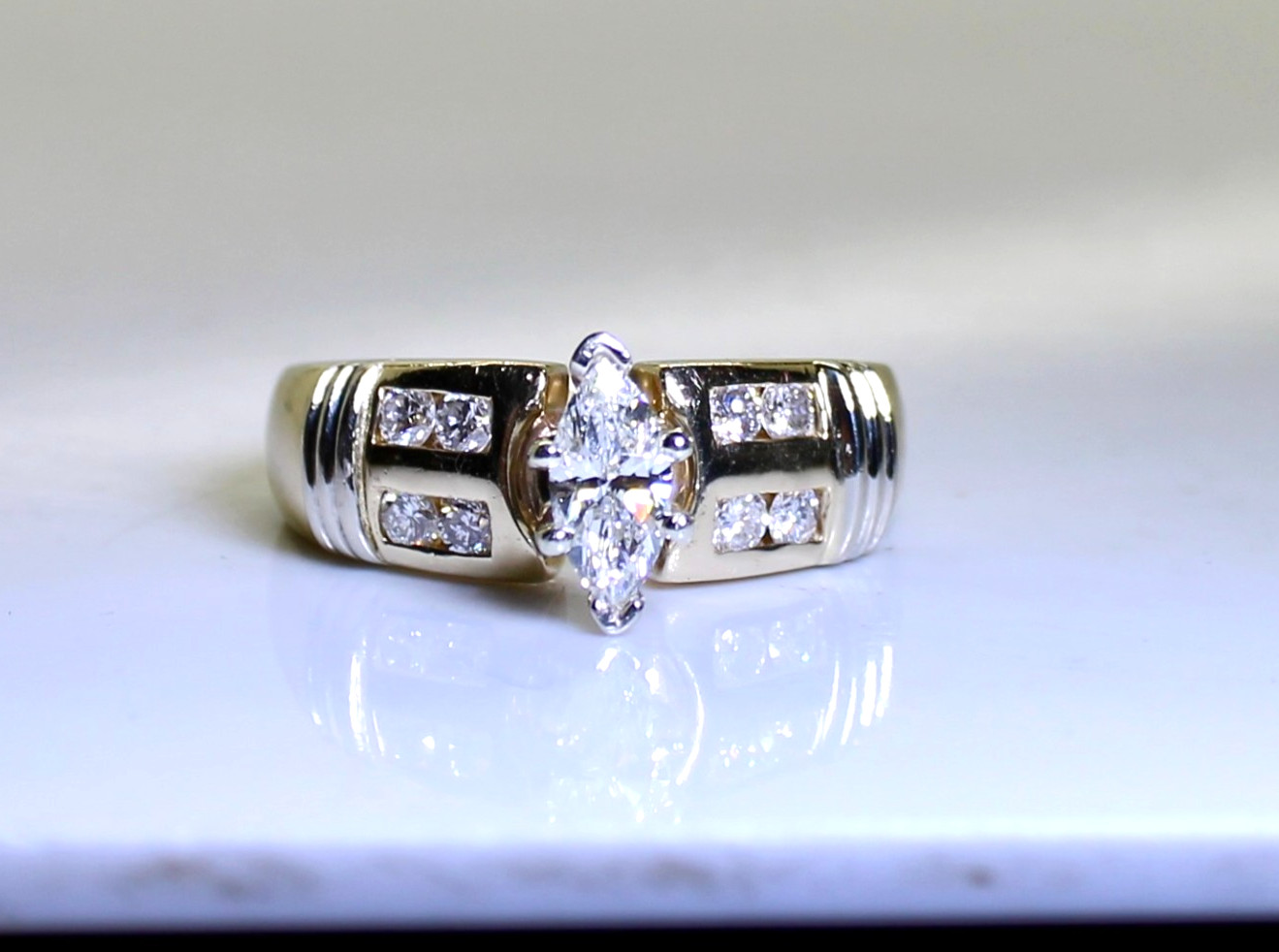 Gorgeous 14K Gold .56 Ctw Marquise & Round Diamond Ring, Size 4.75, 7.5 Grams