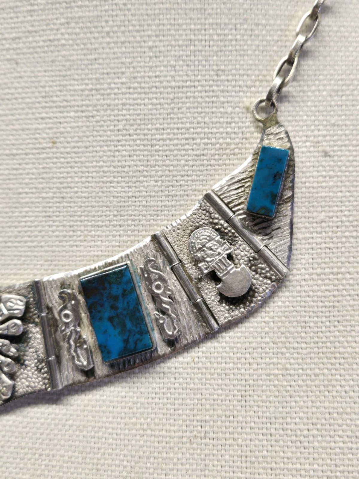 Sterling Silver Turquoise AZTEC MAYAN Paneled Collar Necklace 50g