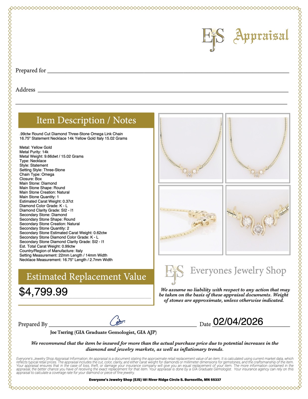 .99ctw Diamond Three-Stone 16.75″ Statement Necklace 14k Yellow Gold 15.02 Grams