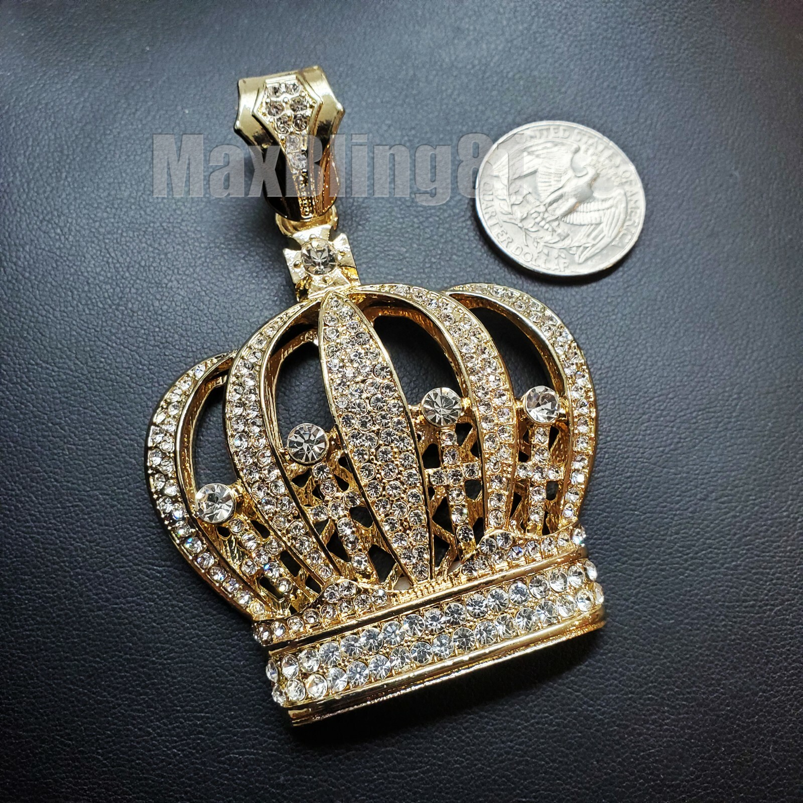 HIP HOP JEWELRY ICED GOLD PLATED CUBIC ZIRCONIA LARGE KING CROWN CHARM PENDANT