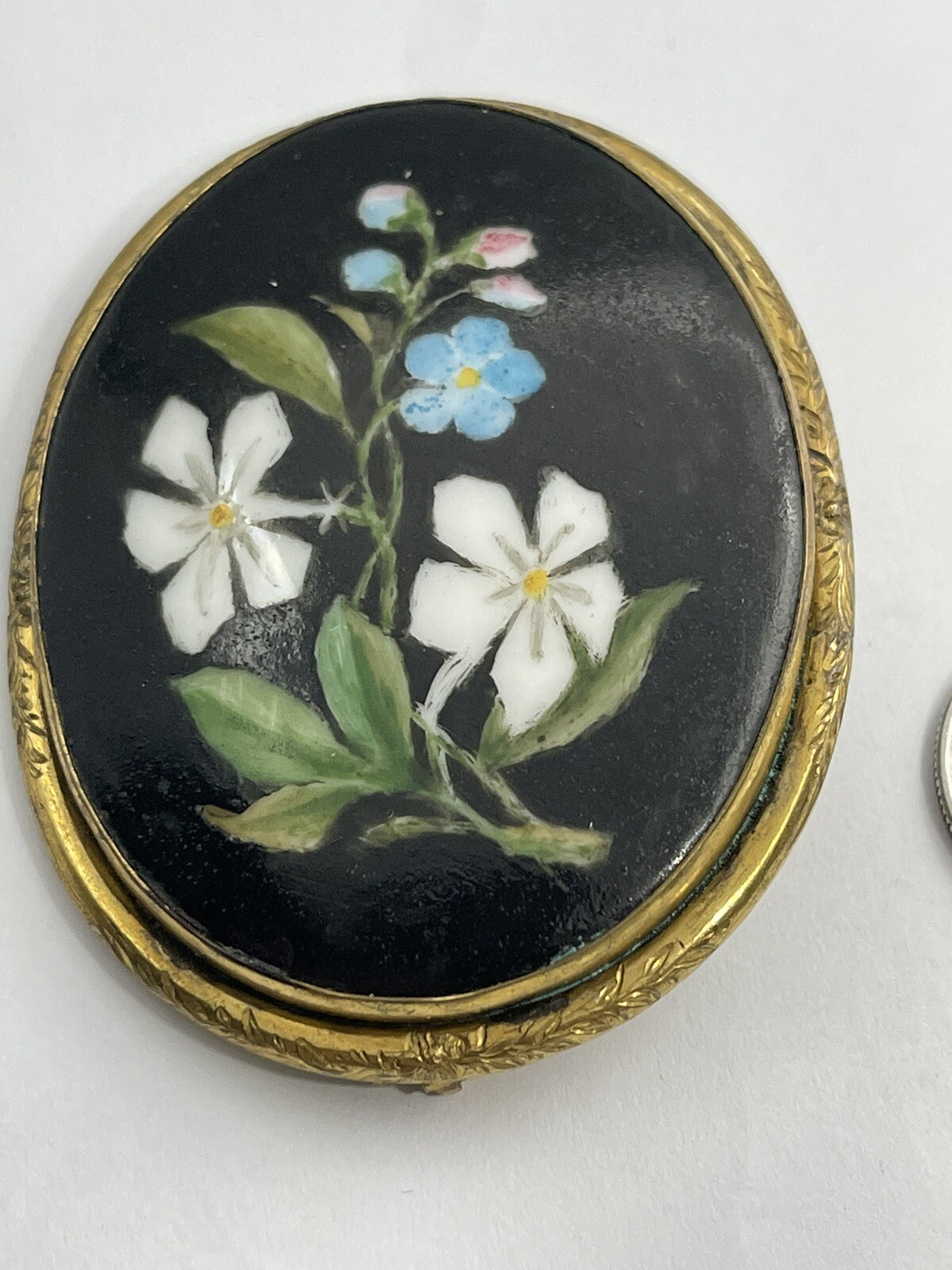 Antique Victorian HandPainted & Pietra Dura Flowers Goldtone Mourning Brooch