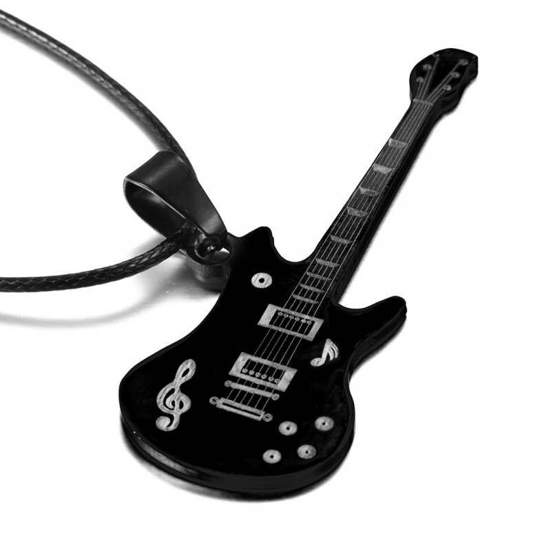 Fashion Men’s Unisex Stainless Steel Guitar Pendant Leather Necklace Jewelry New