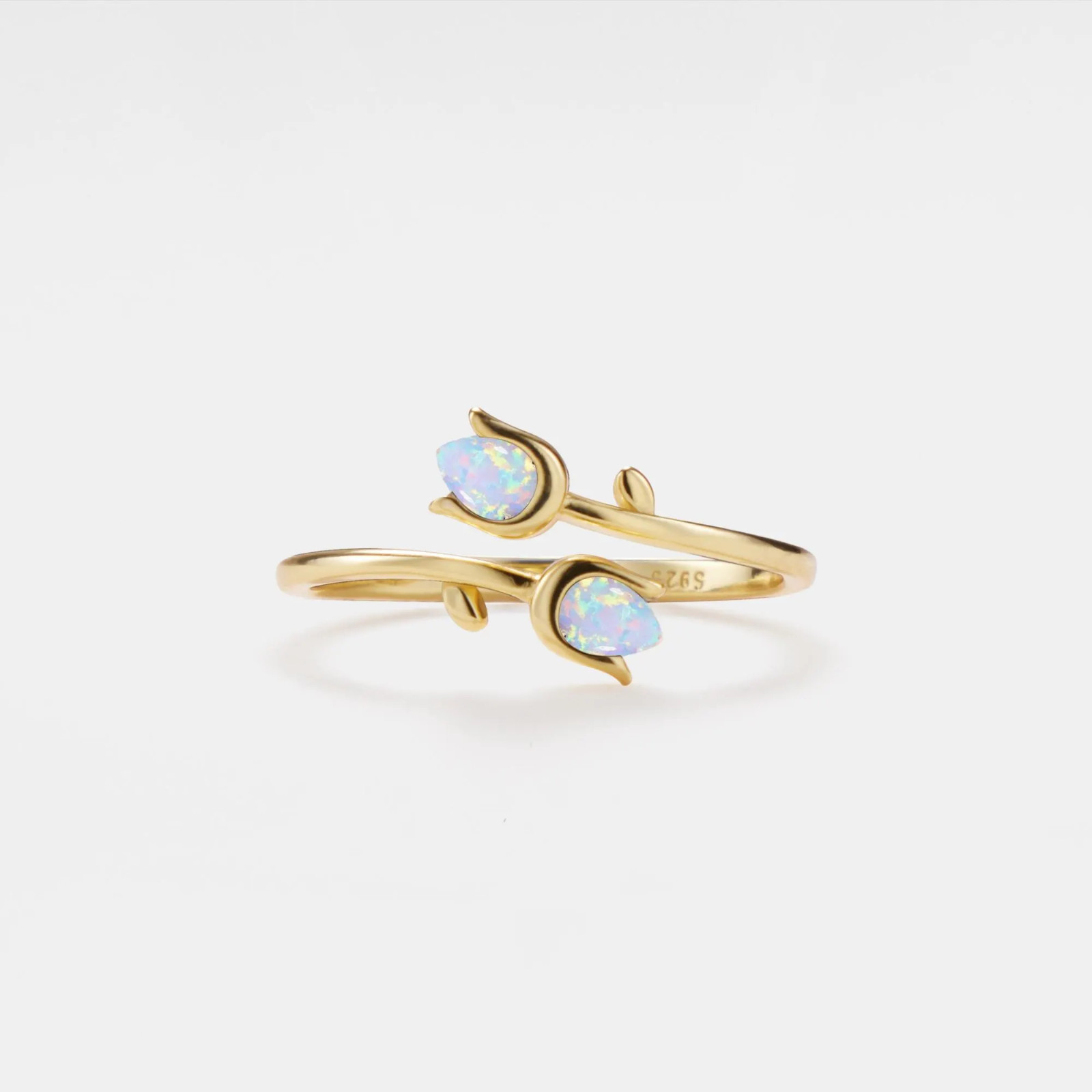 Dainty Opal Tulip Flower Stacking Bypass Ring in 925 Sterling Silver
