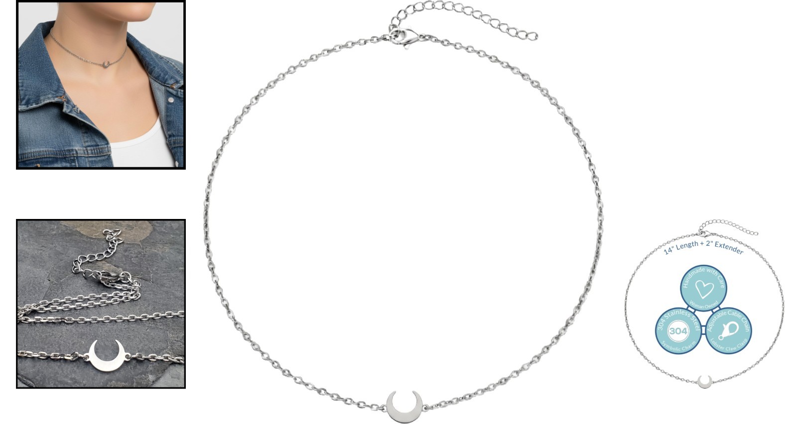 Celestial Crescent Moon Choker Necklace – Adjustable Stainless Steel Elegance
