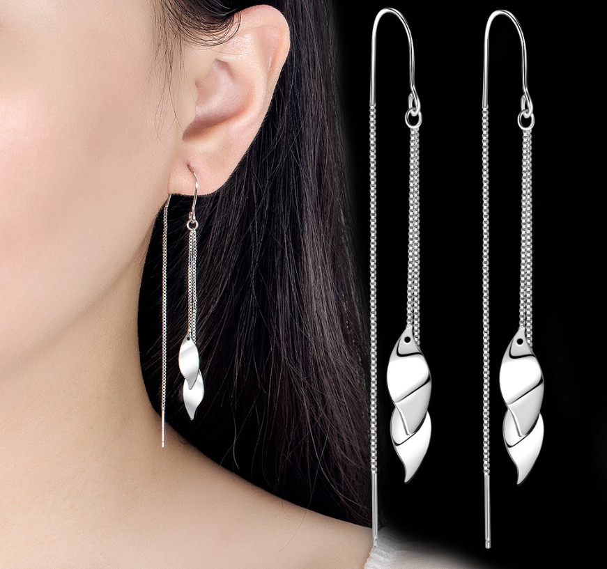 Women Silver Tone Tassel Threader Leaf Dangle Drop Pull Earrings Fashion C9