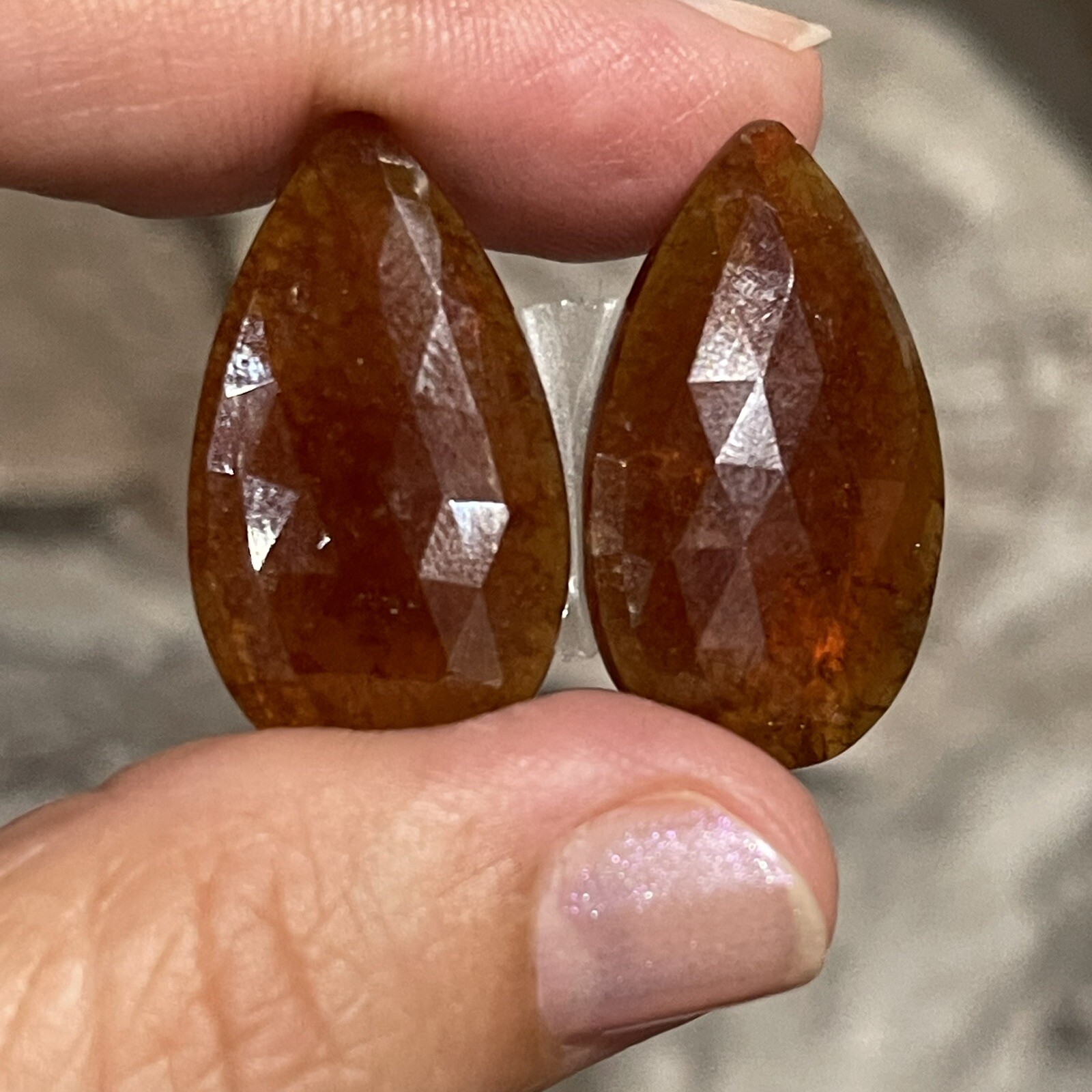 37.5ct 28x16x4.5mm Pair Fine Rose Cut Flat Back Hessonite Garnet Drop Cabochons