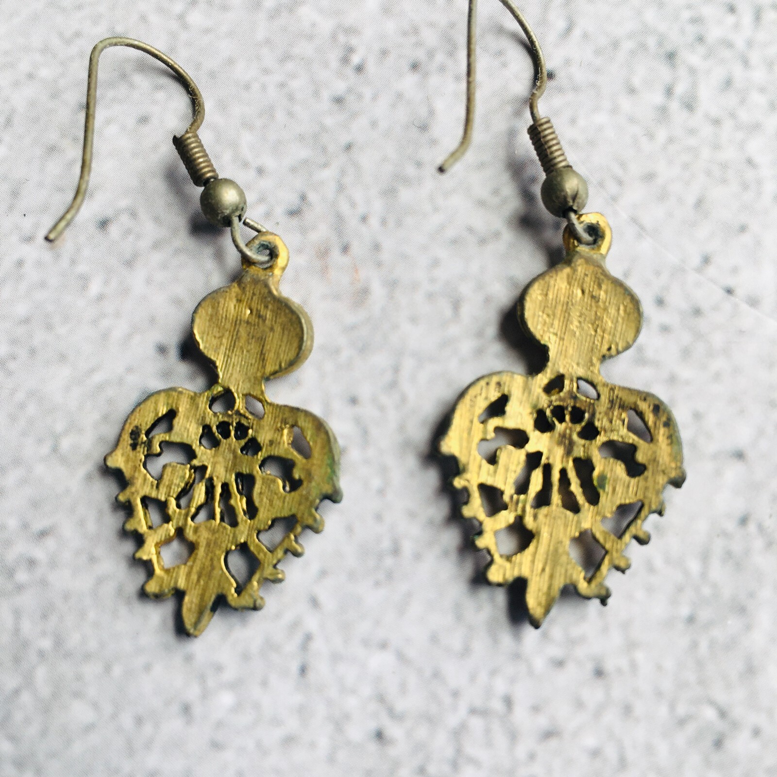Ornate Metal and Enamel Vintage Dangle Pierced Earring 1.5″