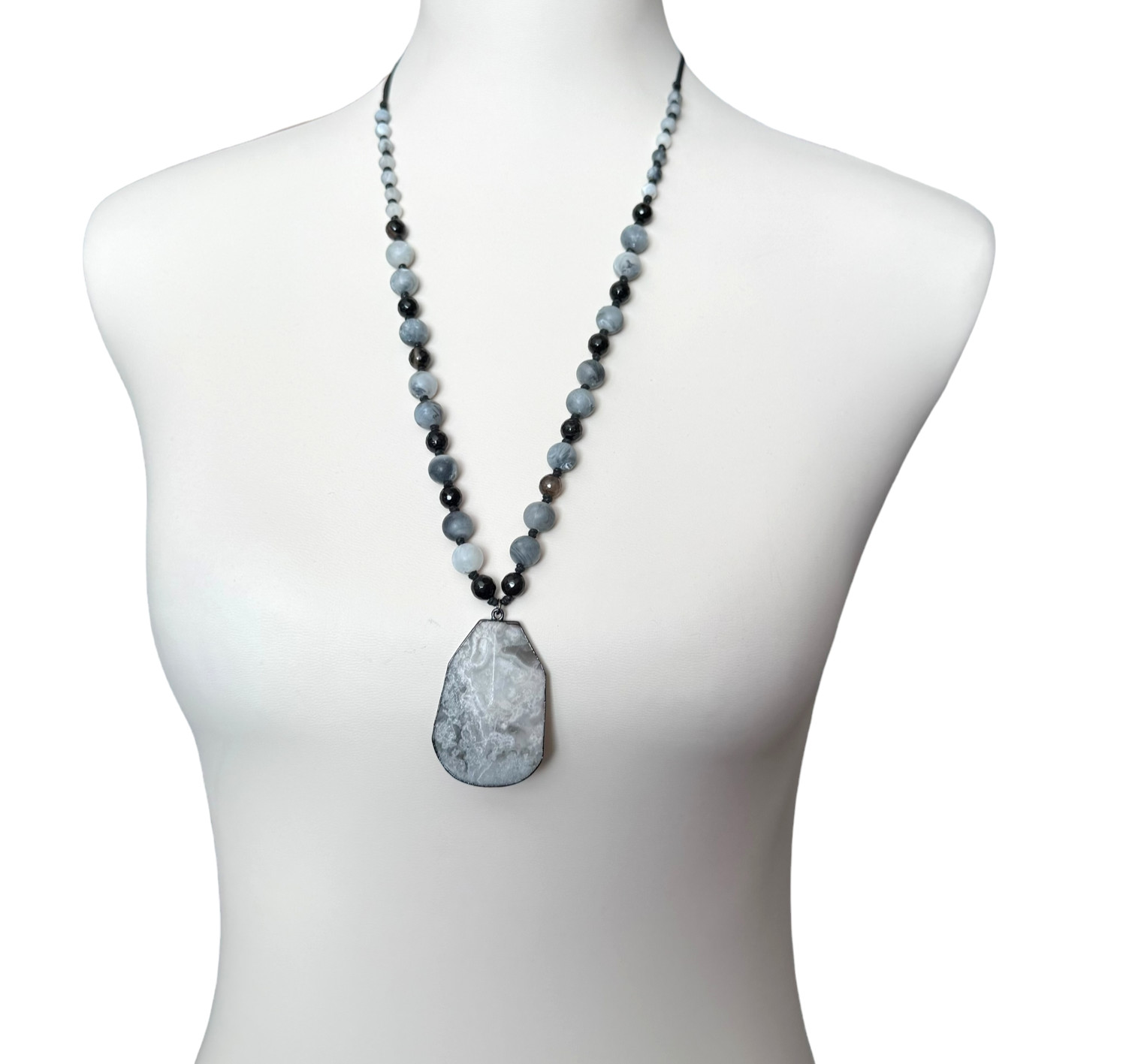 J Jill Beaded Necklace Agate Stone Pendant Gray White Black Cord Adjustable NWT