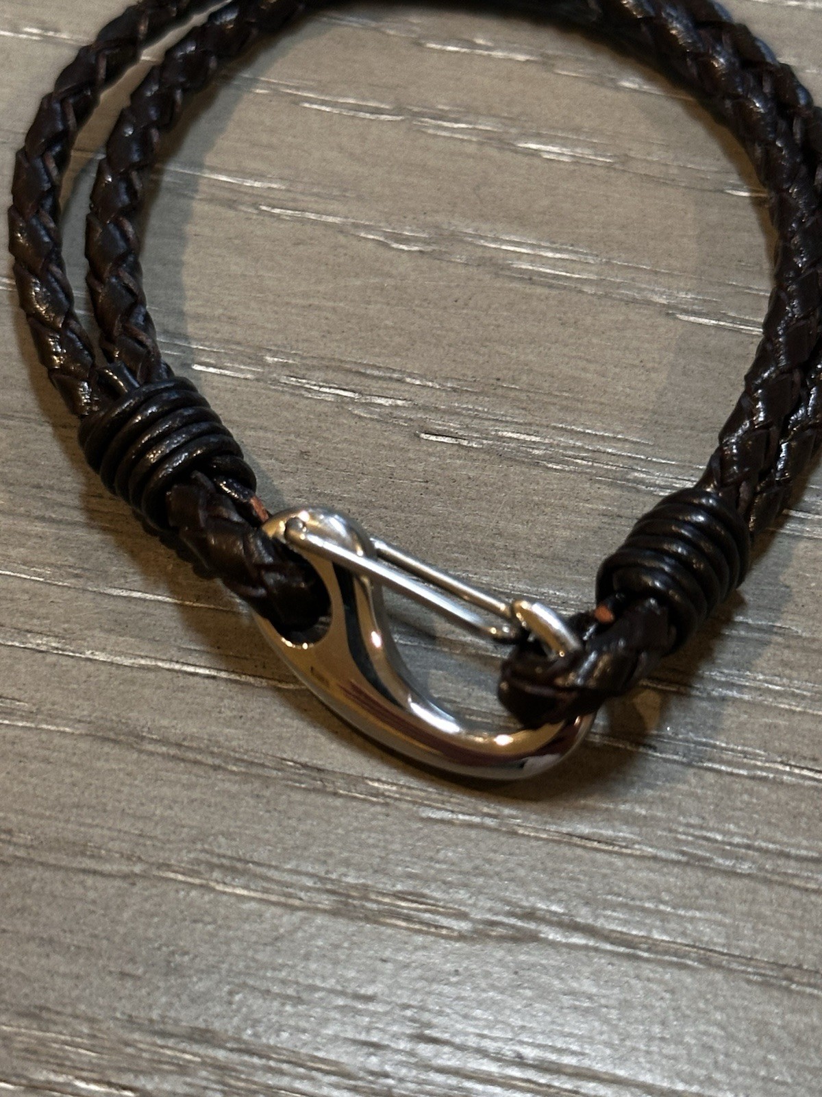 Brown Braided Leather Double Wrap Bracelet Stainless Steel Hook Clasp Unisex