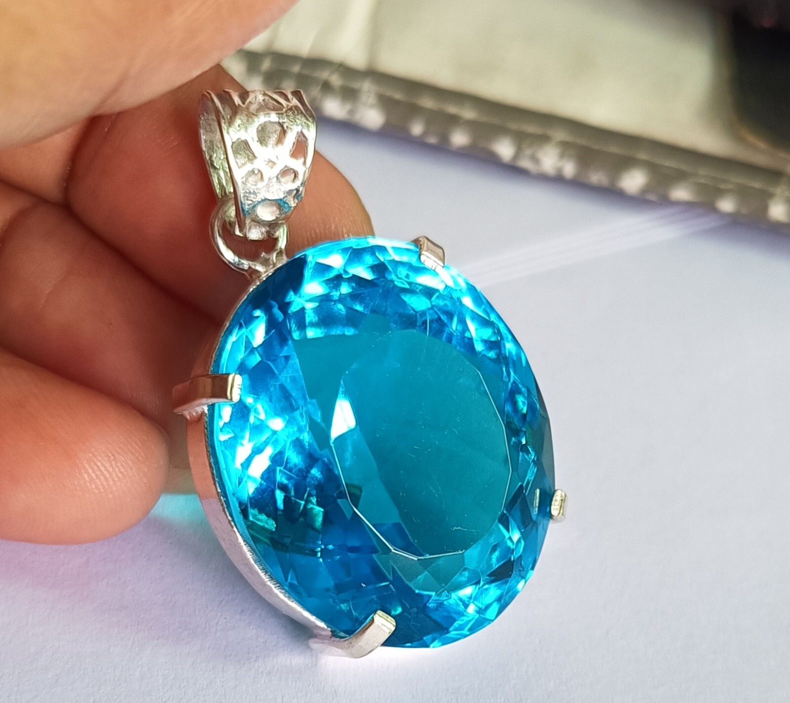 Ocean Blue Oval Topaz Pendant EGL Certified Natural 87.55 Ct 925 Ct Solid Silver