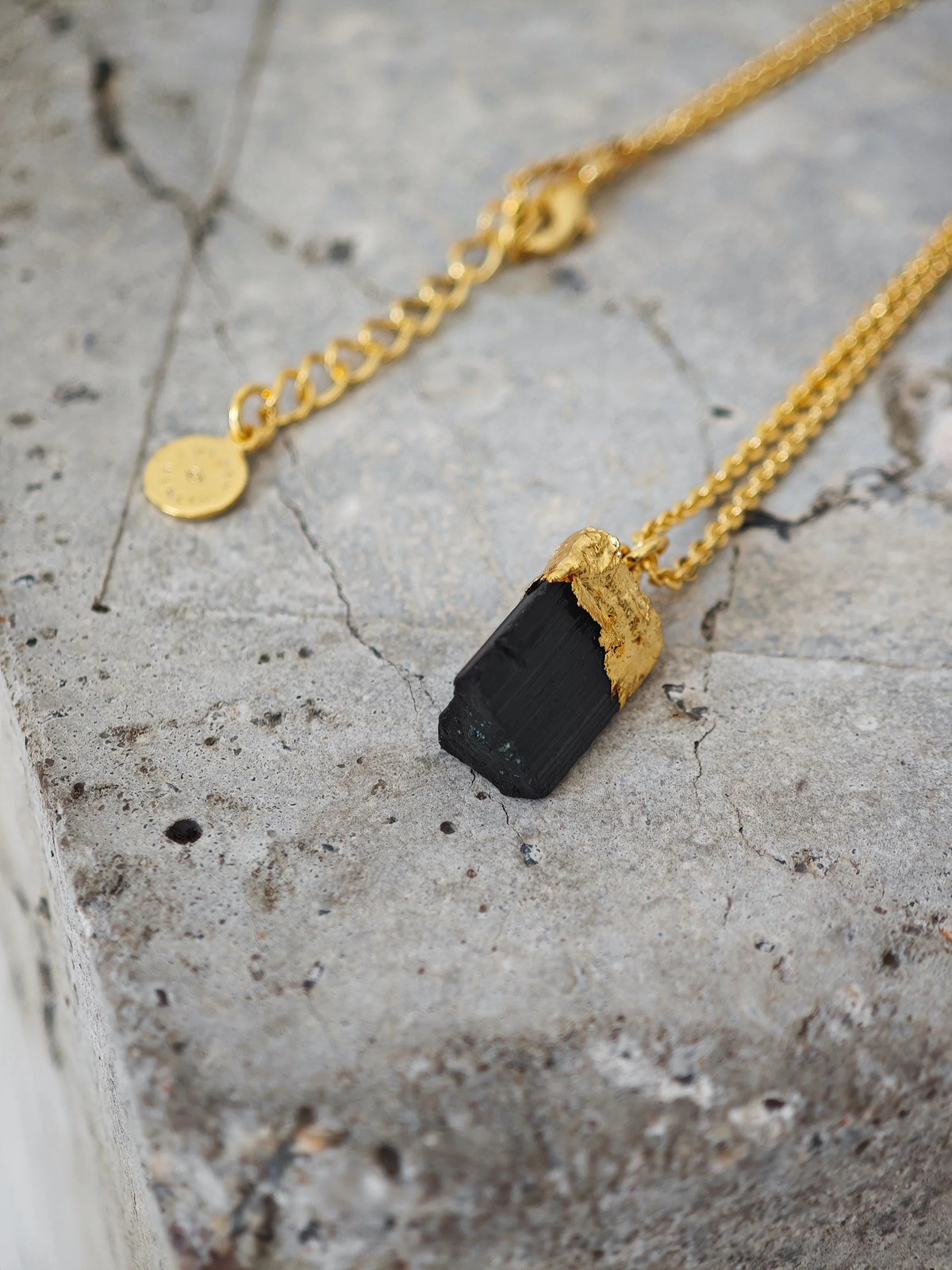 Gold Necklace with Tourmaline Pendant 18K Gold Plating Chain Black Gold