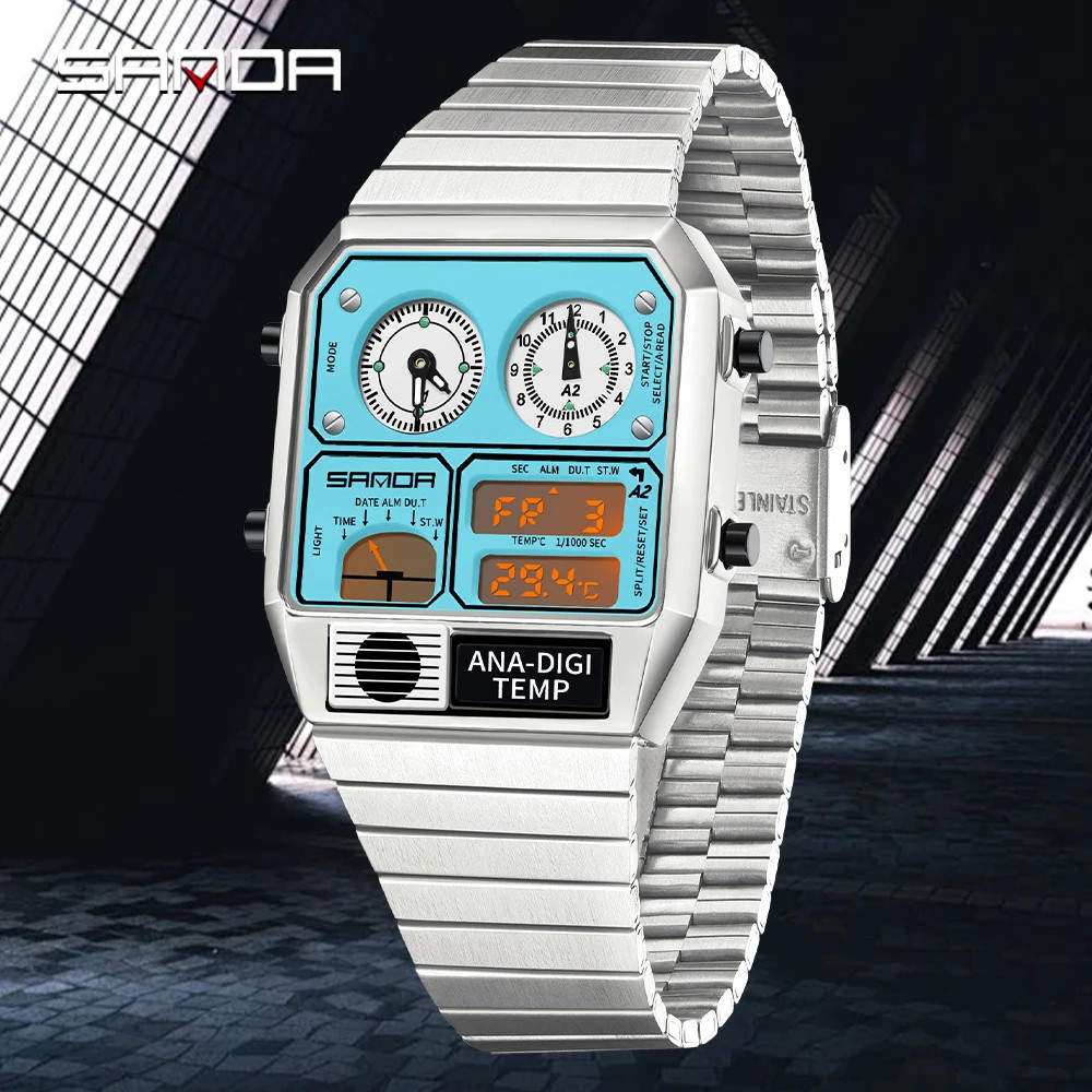 SANDA 3192 Men’s Square Digital Watch LED Thermometer Stopwatch 50M Waterproof