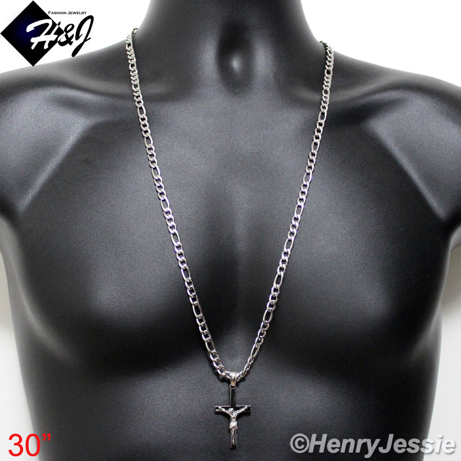 18-36″MEN Stainless Steel 2/3/4/5/6mm Silver Figaro Chain JESUS Cross Pendant*62