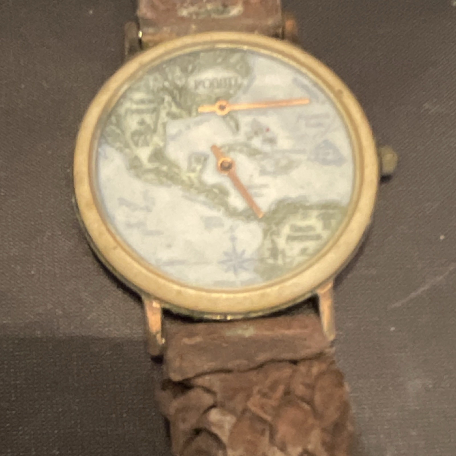 Fossil World Map Multicolor Dial Analog 12-Hour Gold Round Case Leather Strap