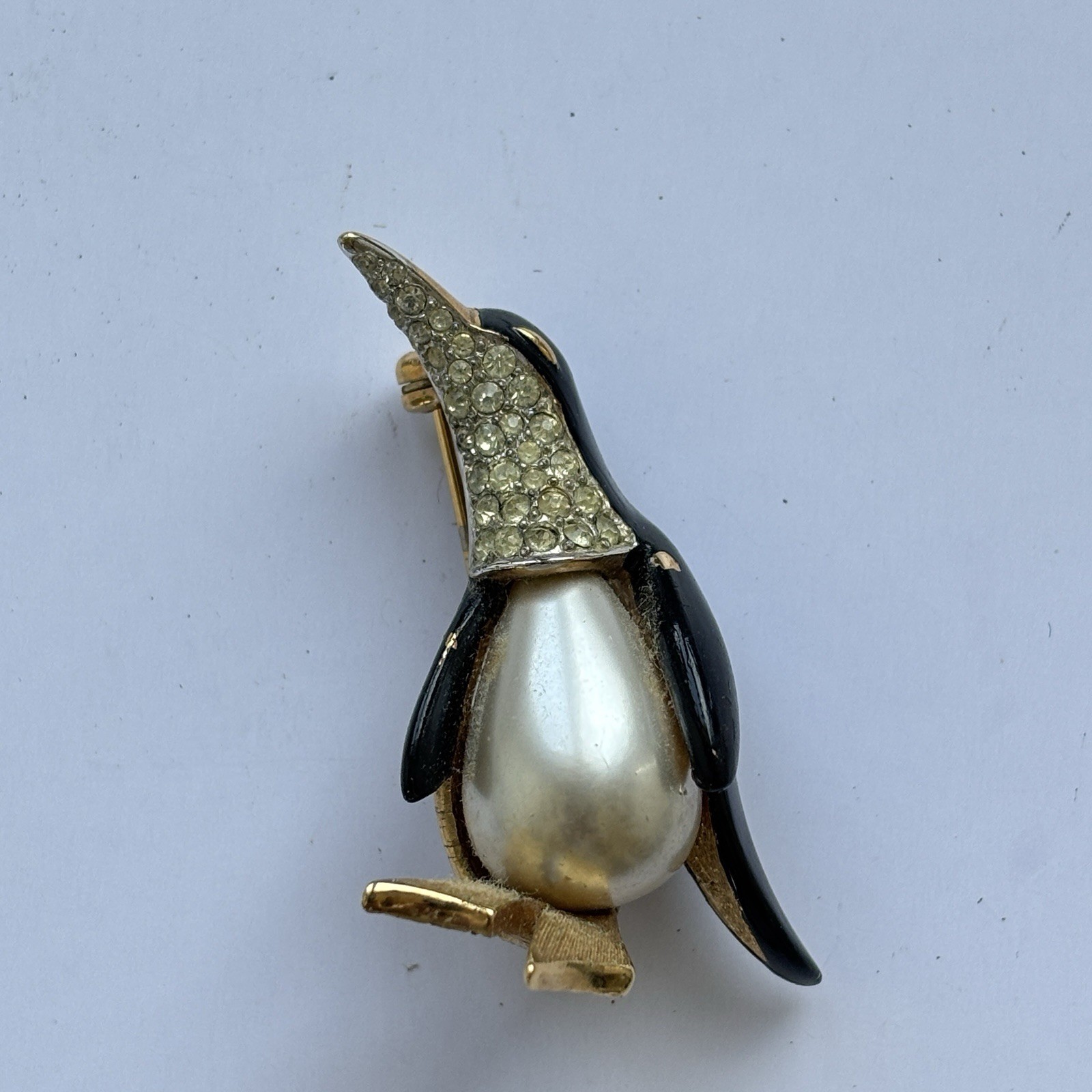 Vtg Marcel Boucher Penguin Brooch Rhinestone Faux Pearl Enamel Figural Pin