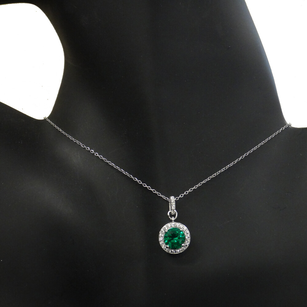 925 Silver 2.75ct Lab Created Green Quartz & White Sapphire Round Necklace, 18″