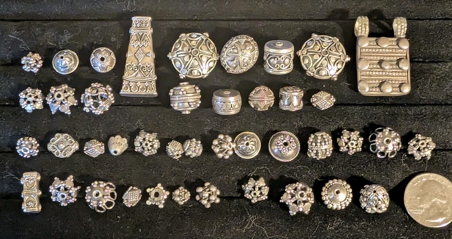 40 Beautiful Bali Jewelry Bead Lot With Two Pendants! 800-925 Silver! 3+ Oz!