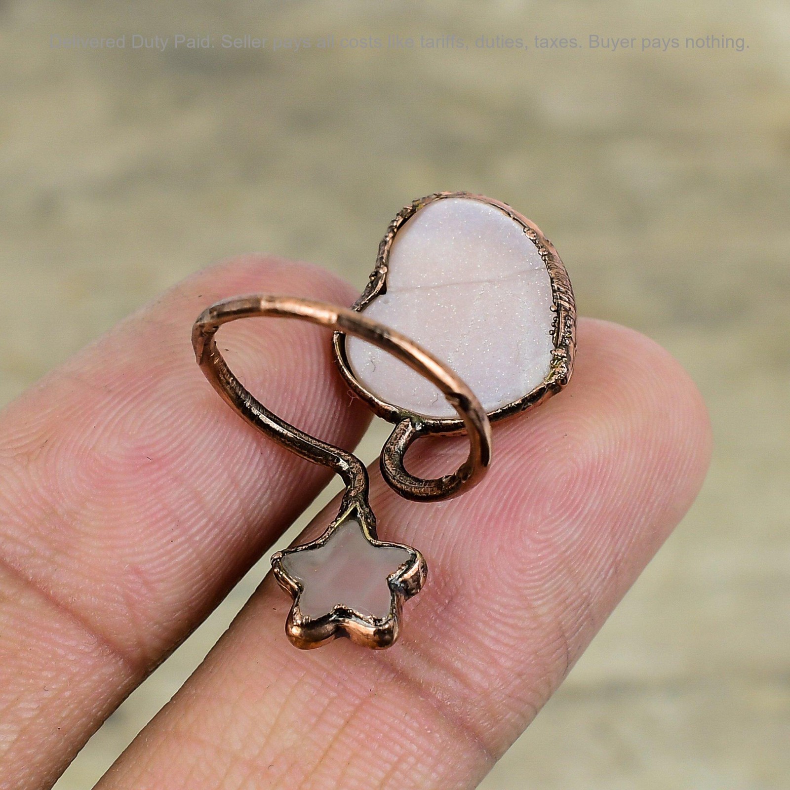 Rose Quartz Gemstone Rainbow Moonstone Copper Promise Wedding Wife Ring Jewelry
