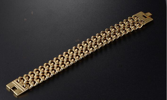 18mm 9” (23cm) Gold Stainless Steel Smooth Two Rows Curb Link-chain Bracelet