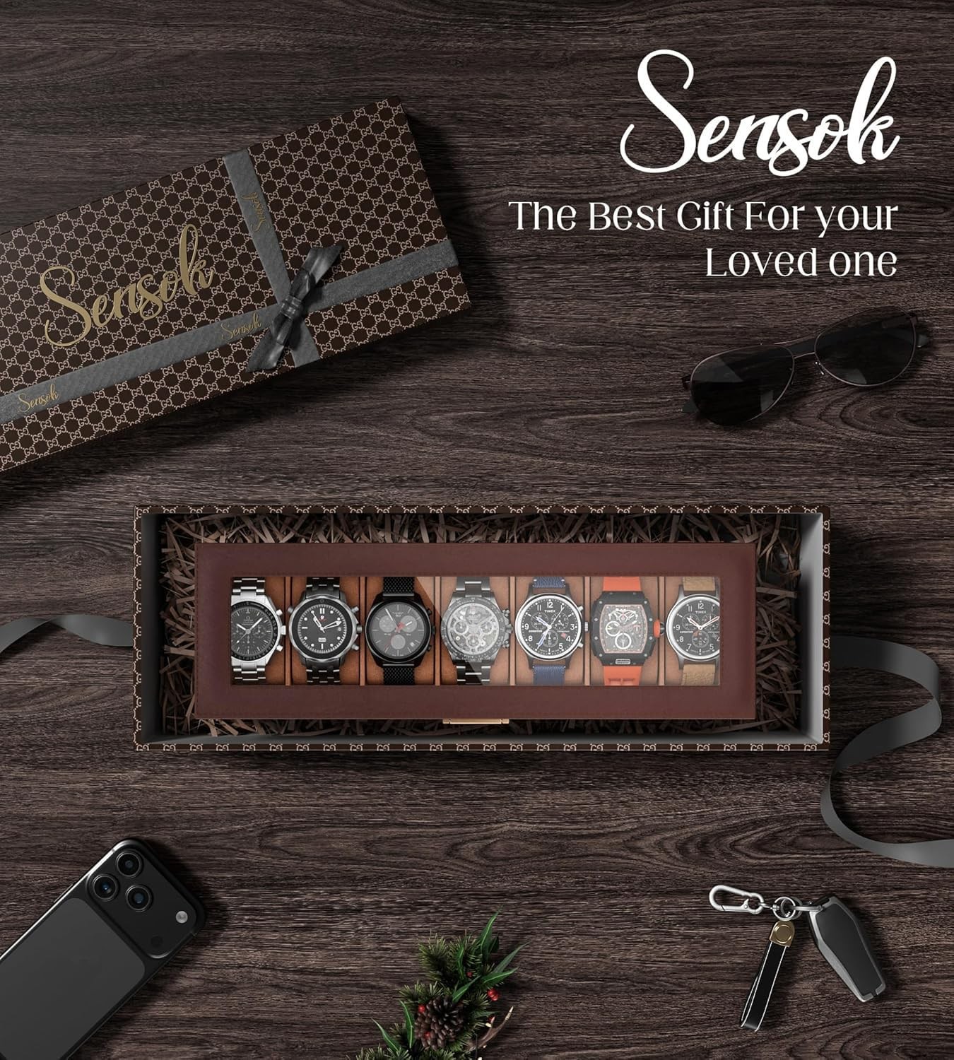 sensok Watch Case Box for Men – 7 SLots Watches Storage 7 Slots, Brown, Brown