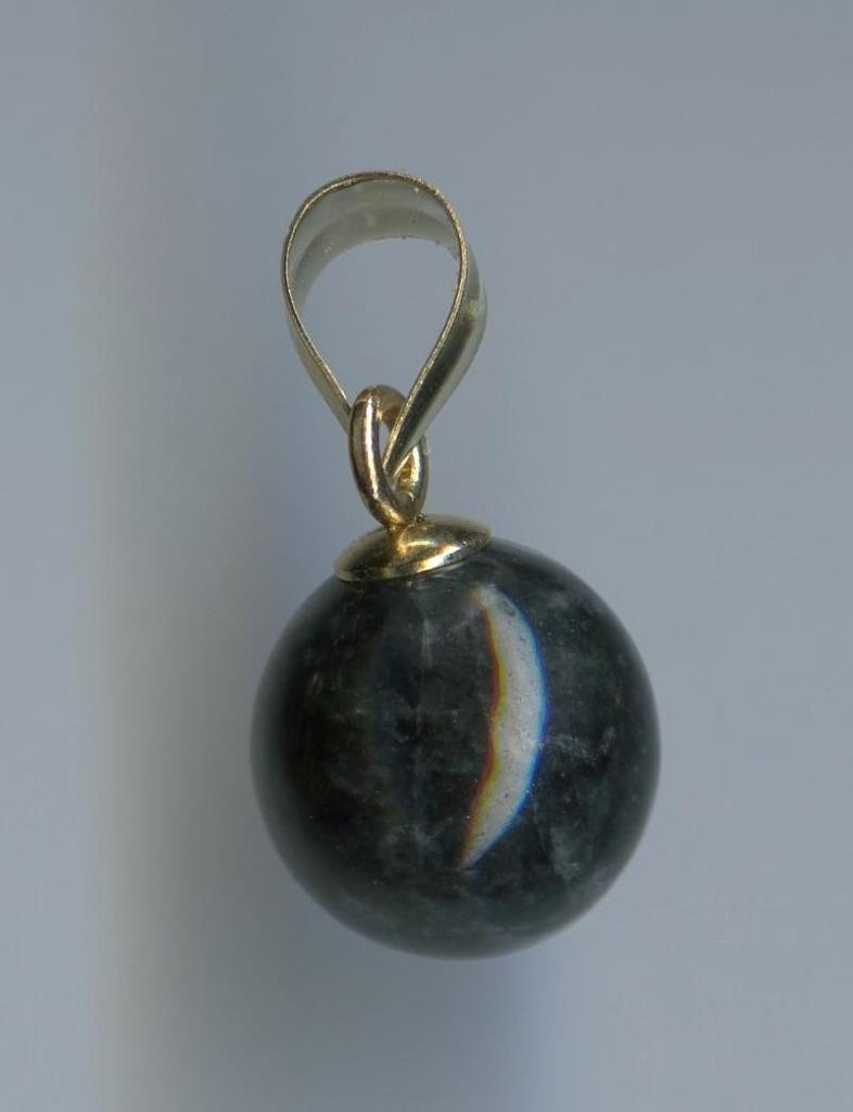 14K 1.0 Gram Solid Yellow Gold 8mm Round Bead Dark Gray Black Quartz Pendant -MO
