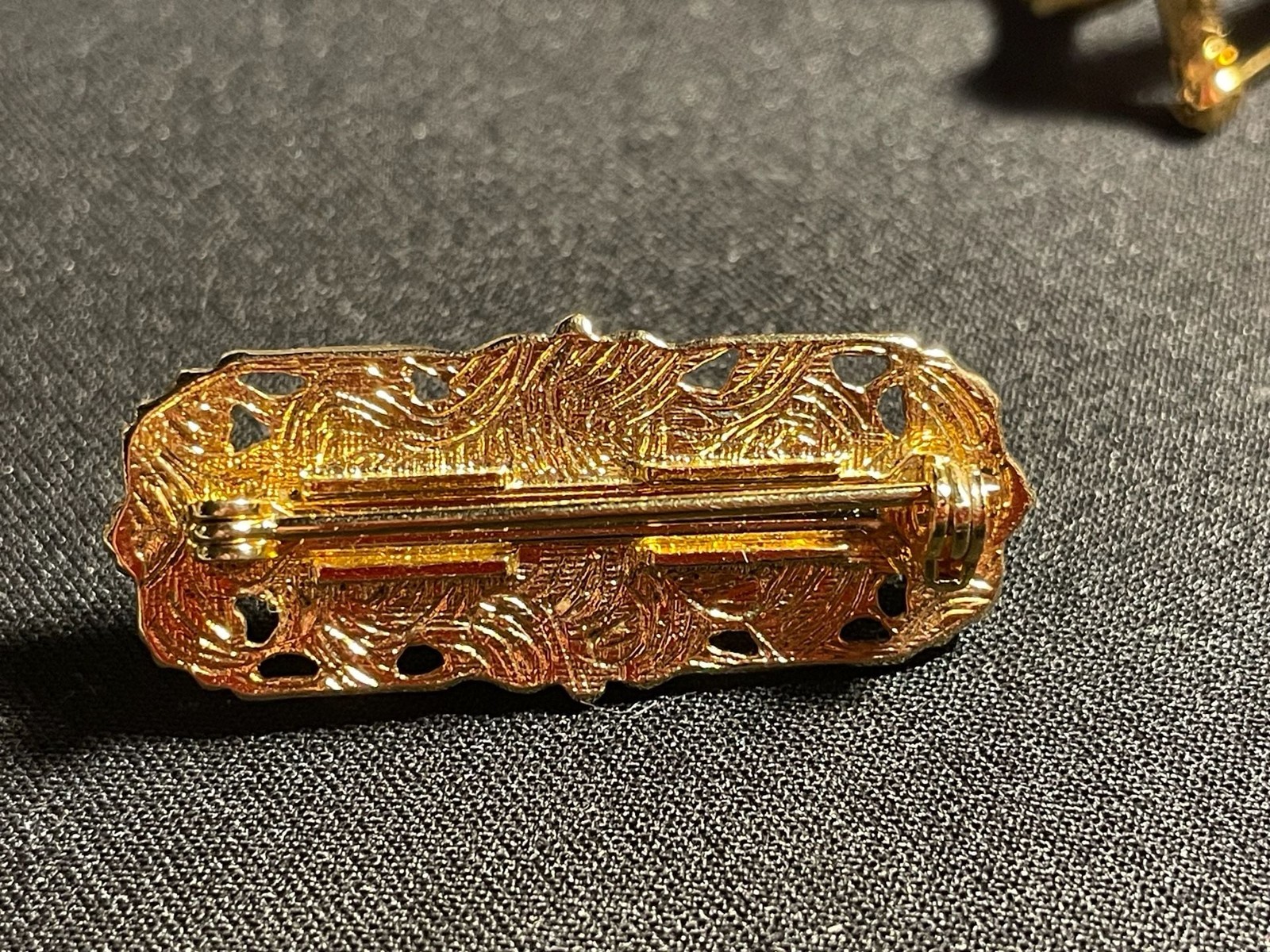 Vintage 1928 Jewelry Company Gold-tone Filigree Bar Brooch with Porcelain Rose