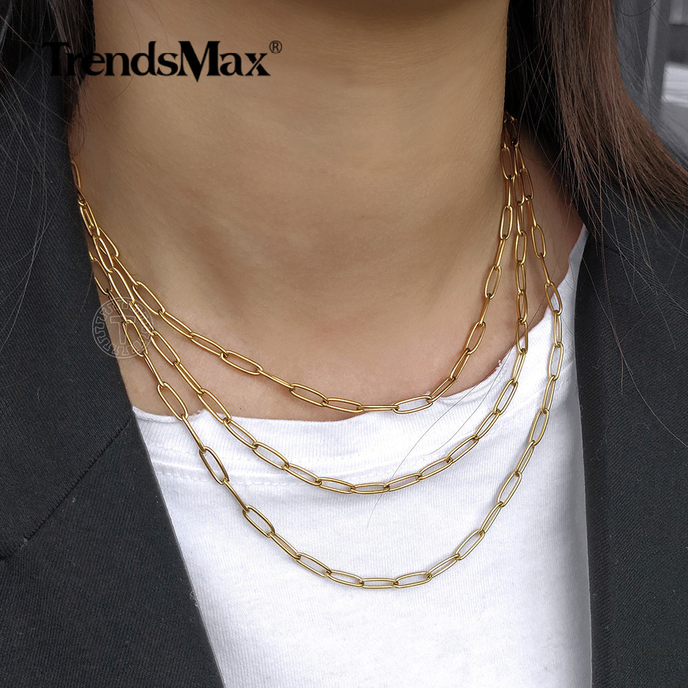 Gold PLATED Paperclip Chain Choker Women Stainless Steel Cable Link Necklace