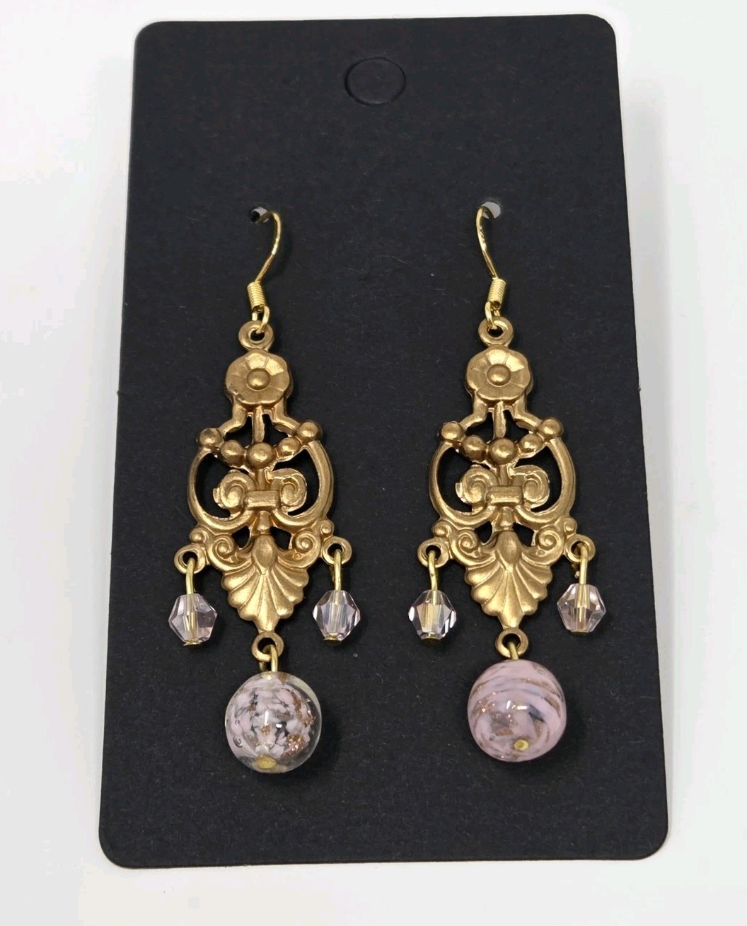 Light Pink Gold Murano Glass & Pink Crystal Dangle Drop Earrings Vintage 2 Inch