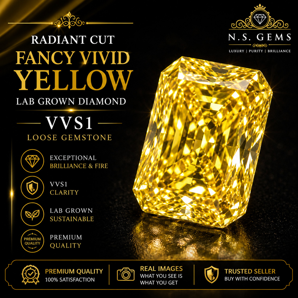 12 Ct Radiant Cut Fancy Vivid Yellow Lab Grown Diamond VVS1 Loose Gemstone.