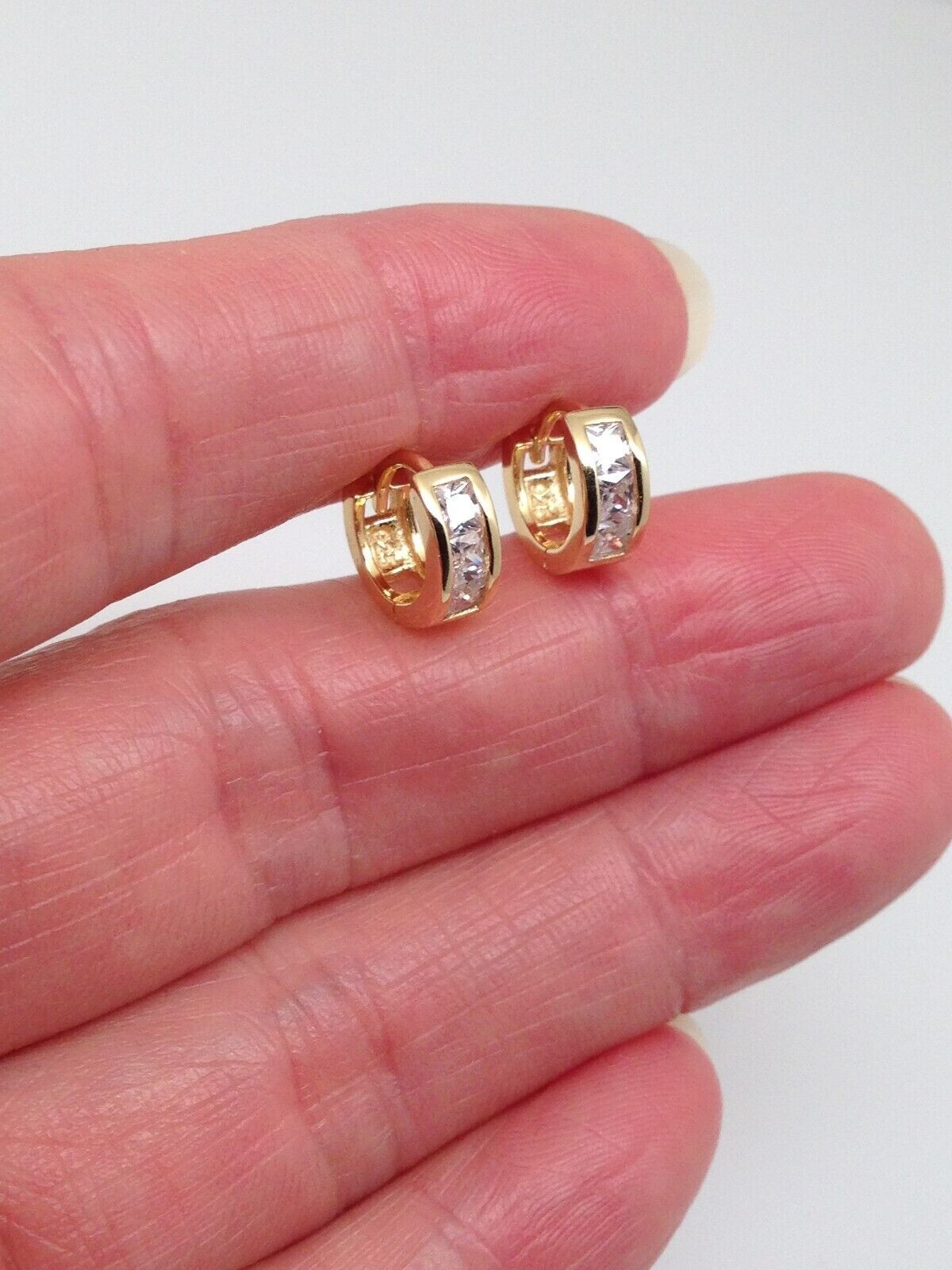 925 Sterling Silver Princess CZ Huggie Hoop Earrings Gold 9.5mm/6.9mm x3.5 TINY