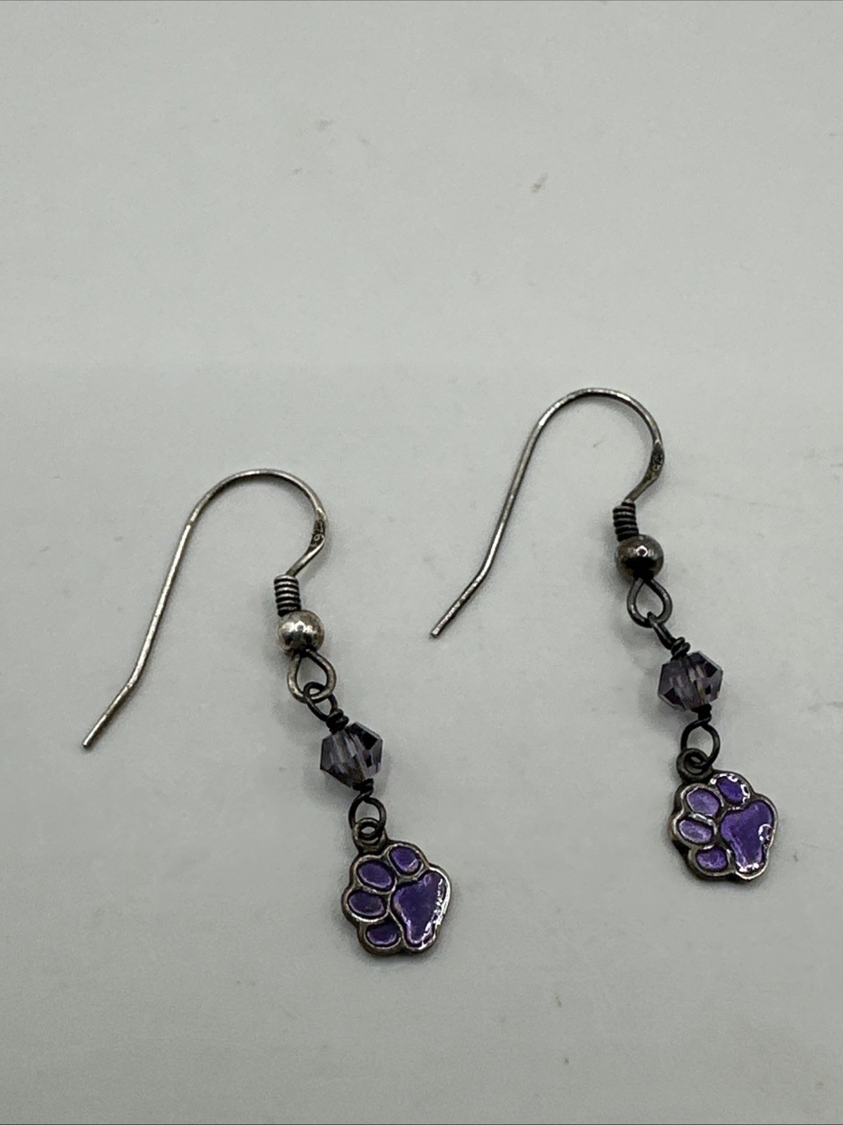 Purple Enamel Puppy Paw Print Dangle Earrings 925 Sterling Silver Dog Lover!