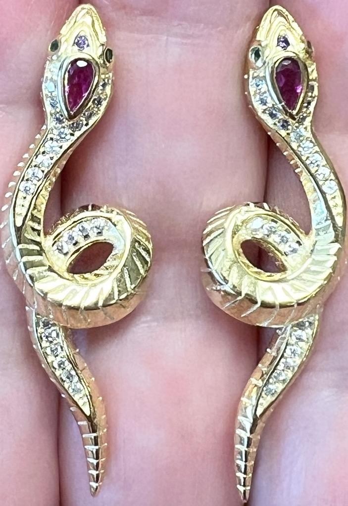 REAL Diamond Ruby Snake Earrings 14K Gold on SOLID 925 Victorian Egyptian Rev YG