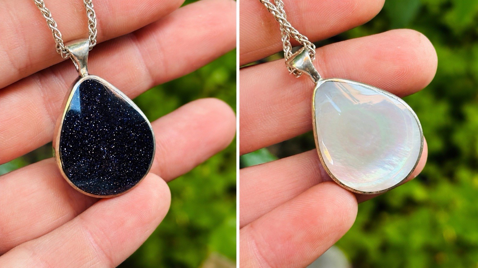 Double faced fully hallmarked silver with blue sunstone/mop necklace 17.45 grams