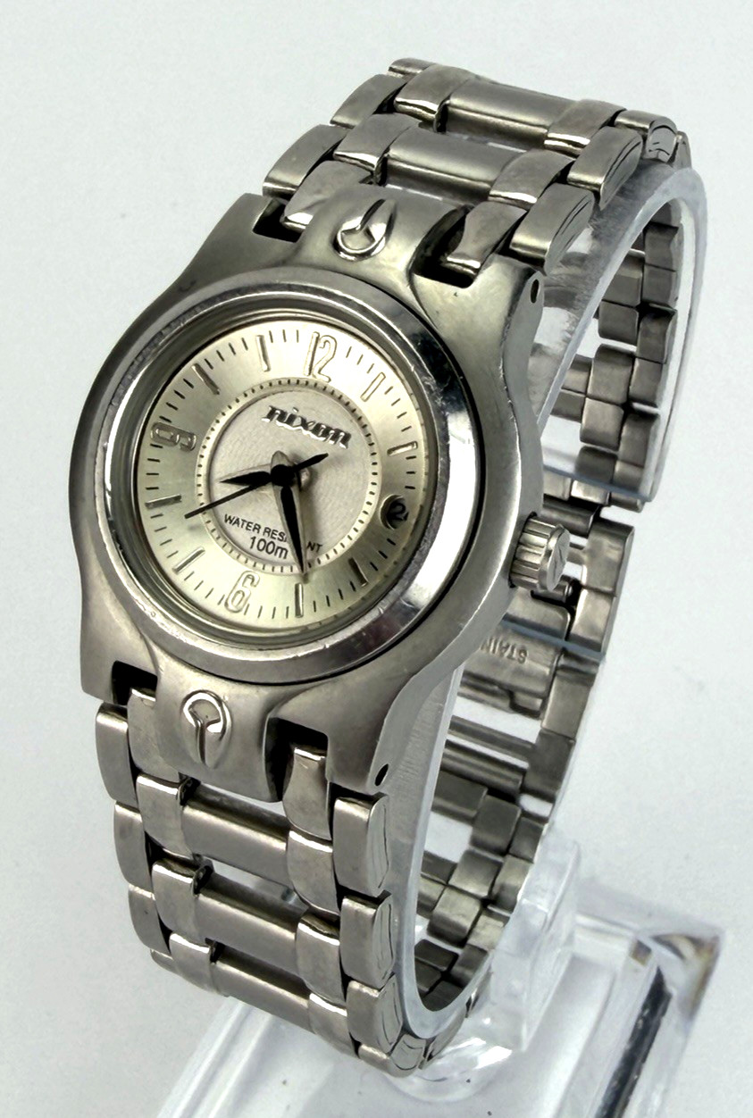 Nixon Silver Tone Ladies Date Watch All Stainless The Grace w NEW BATT