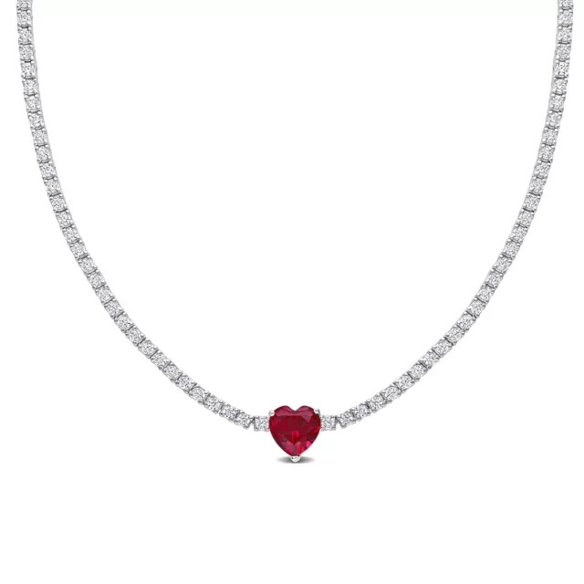14K White Gold Plated 8CT Lab Created Ruby & Diam Womens Tennis Necklace 18 Inch
